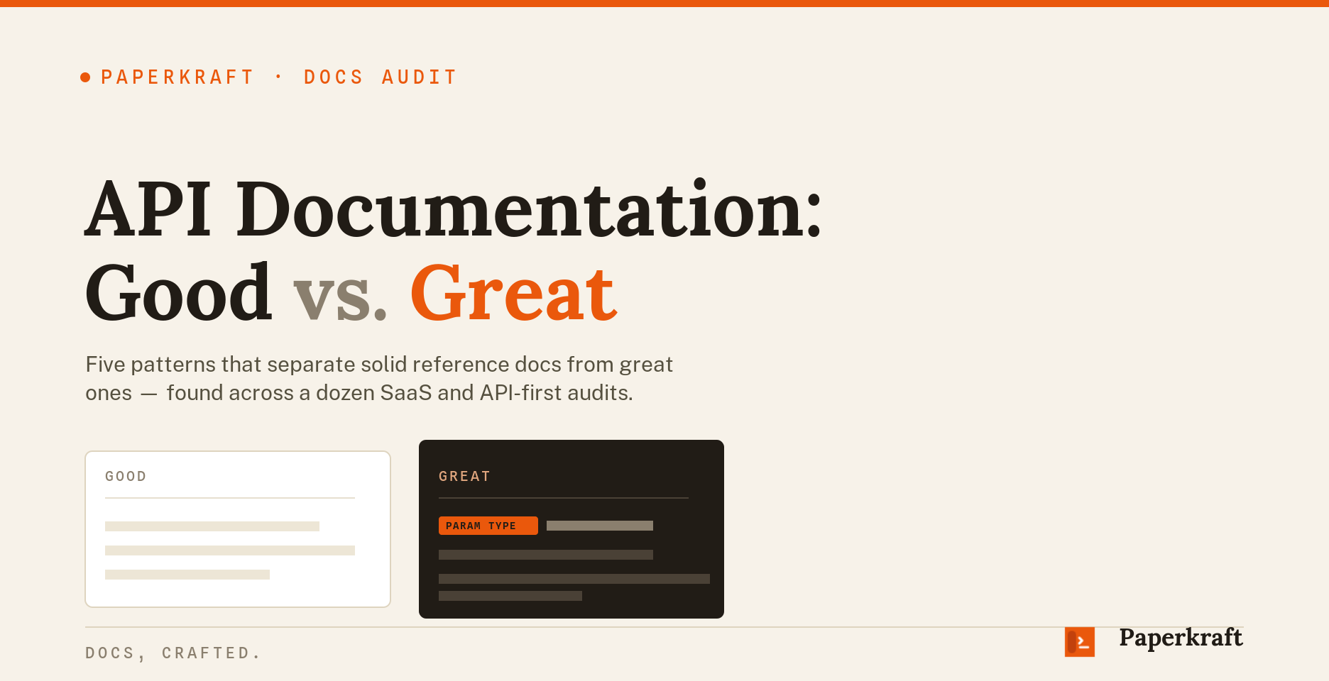 Paperkraft docs audit header: 'API Documentation: Good vs. Great,' with a 'Good' reference card next to a 'Great' card showing a typed parameter block.